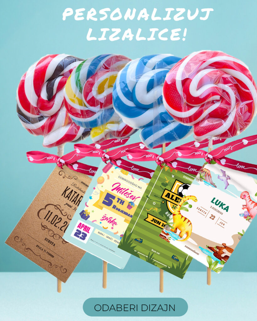 Personalizovane candy cane lizalice sa crvenim i belim prugama na rođendanskom slatkom stolu.