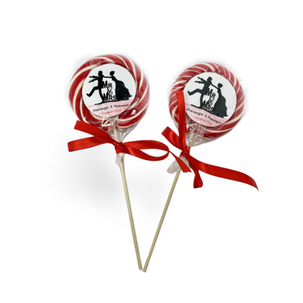 Personalizovane lizalice za vencanje sa masnom crveno bele boje