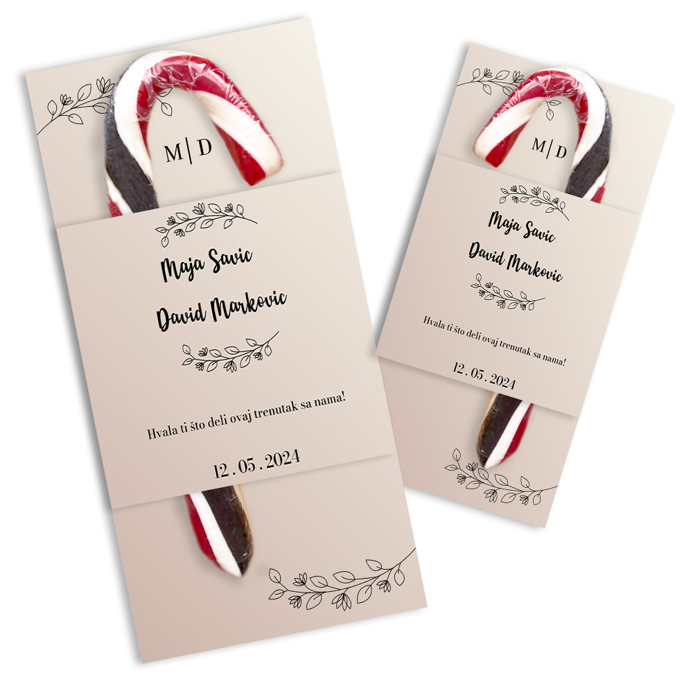 Personalizovane poklon lizalice candy cane za dekoraciju svadbe (107) Jedinstvene personalizovane lizalice sa zlatnim detaljima, savršen poklon za goste na svadbi.