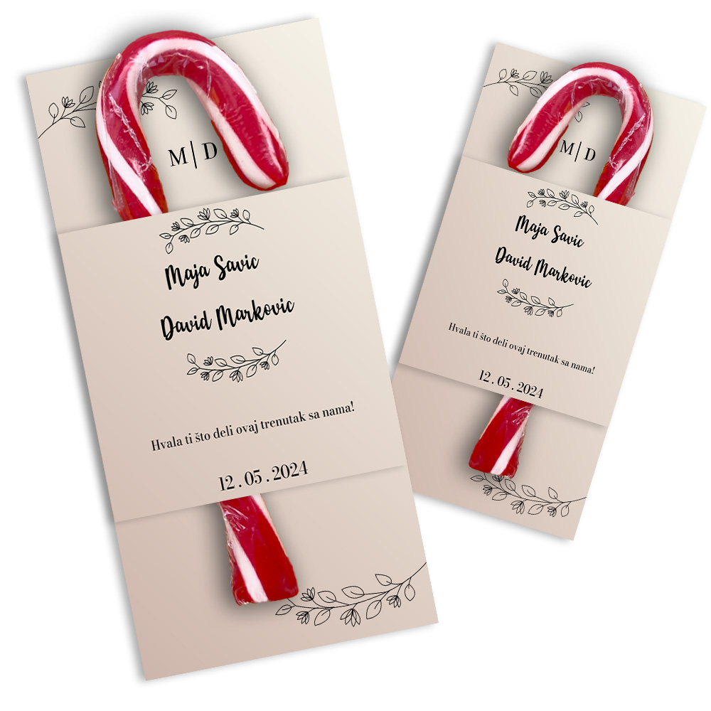 Personalizovane poklon lizalice candy cane za dekoraciju svadbe (108) Jedinstvene personalizovane lizalice sa zlatnim detaljima, savršen poklon za goste na svadbi.
