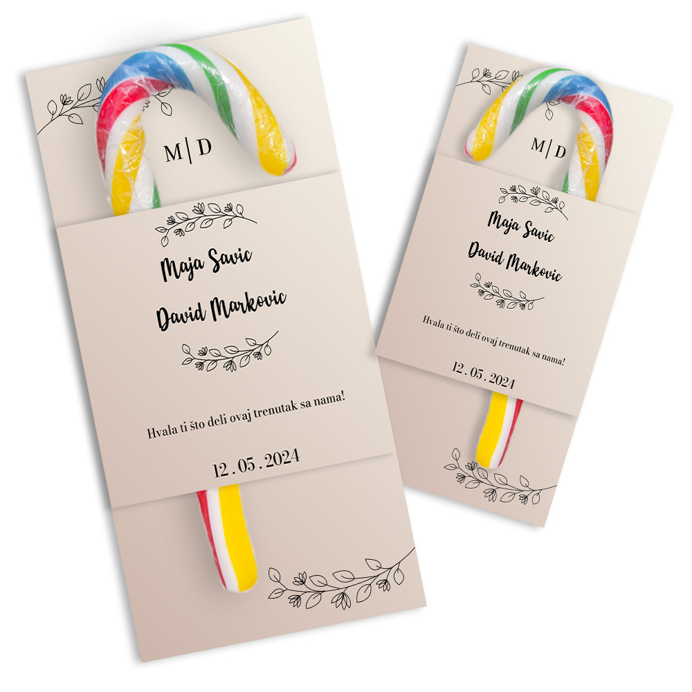 Personalizovane poklon lizalice candy cane za dekoraciju svadbe (109) Jedinstvene personalizovane lizalice sa zlatnim detaljima, savršen poklon za goste na svadbi.