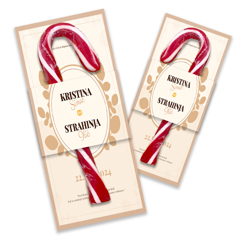 Personalizovane poklon lizalice candy cane za dekoraciju svadbe (35) Unikatne lizalice sa personalizovanim etiketama za svadbu, poklon i dekoracija u jednom.