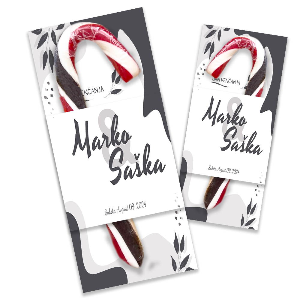Personalizovane poklon lizalice candy cane za dekoraciju svadbe (70) Personalizovane svadbene lizalice sa posebnim porukama, idealne za dekoraciju i poklon gostima.