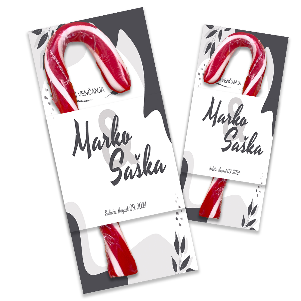 Personalizovane poklon lizalice candy cane za dekoraciju svadbe (71) Personalizovane svadbene lizalice sa posebnim porukama, idealne za dekoraciju i poklon gostima.