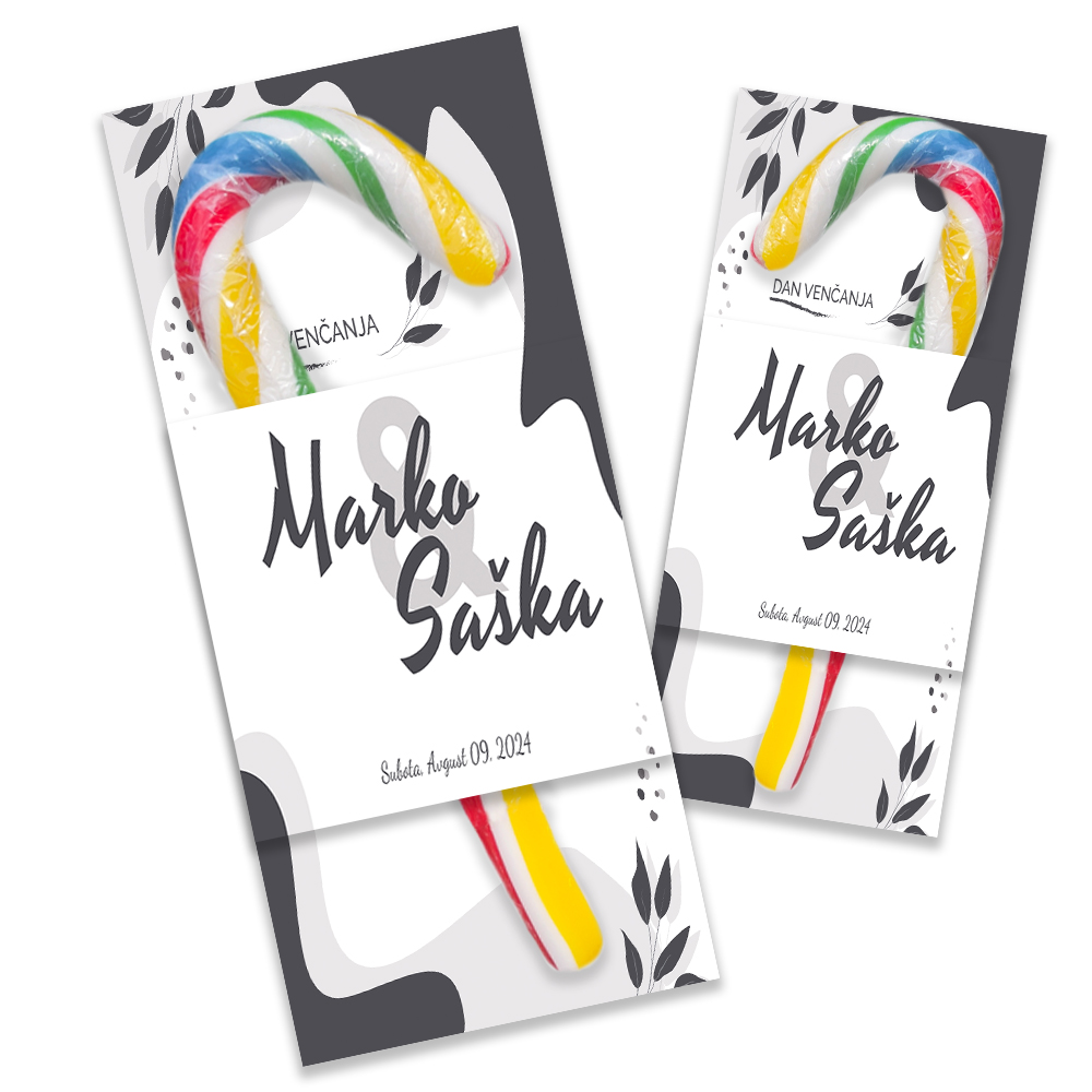 Personalizovane poklon lizalice candy cane za dekoraciju svadbe (72) Personalizovane svadbene lizalice sa posebnim porukama, idealne za dekoraciju i poklon gostima.