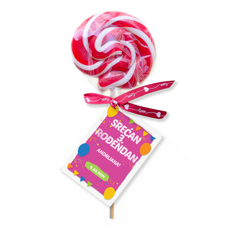 Personalizovane poklon lizalice za dekoraciju rodjendana (33) Slatki sto sa personalizovanim lizalicama u boji, prilagođene za rođendansku proslavu.