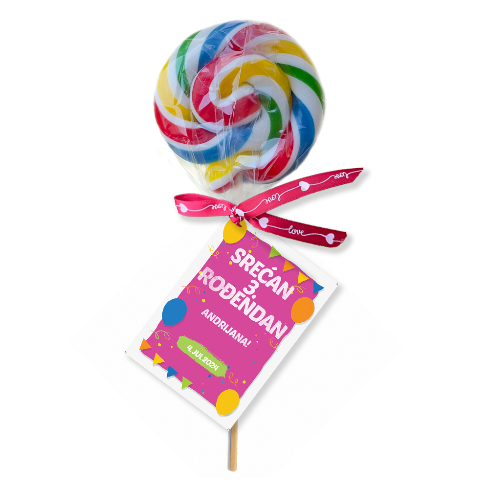 Personalizovane poklon lizalice za dekoraciju rodjendana (34) Slatki sto sa personalizovanim lizalicama u boji, prilagođene za rođendansku proslavu.