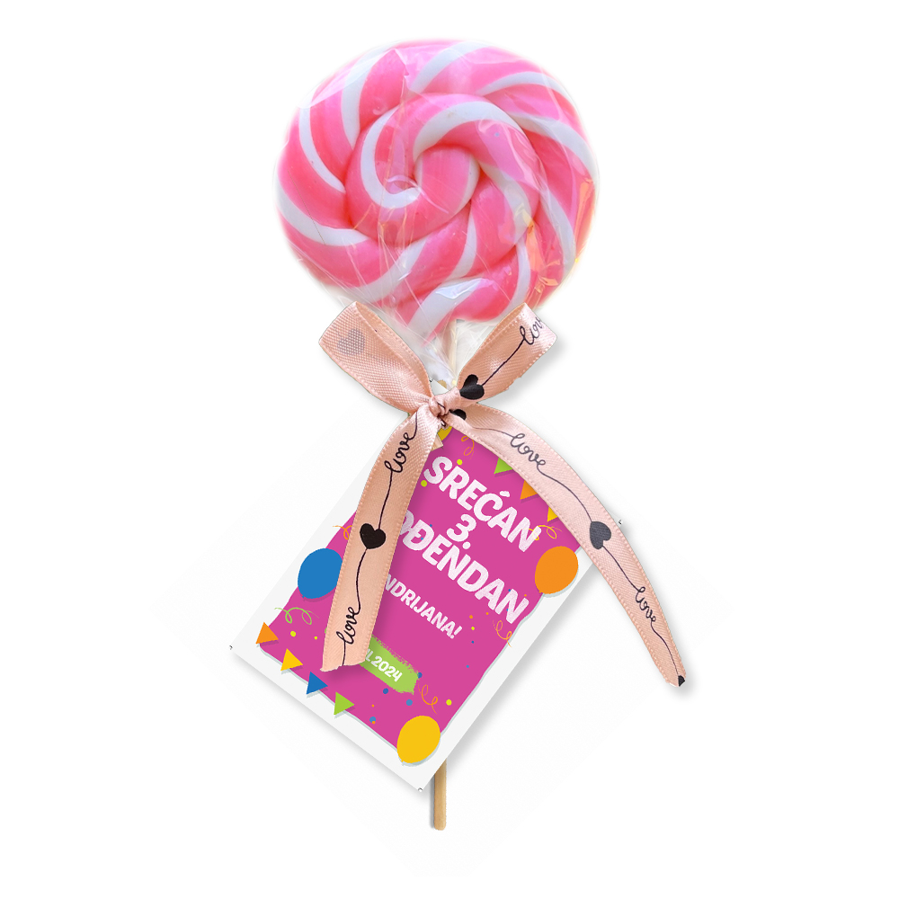 Personalizovane poklon lizalice za dekoraciju rodjendana (83) Slatki sto sa personalizovanim lizalicama u boji, prilagođene za rođendansku proslavu.