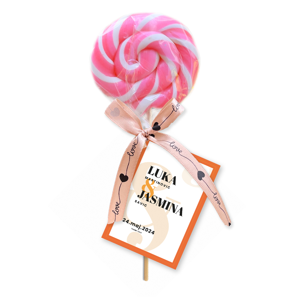 Personalizovane poklon lizalice za dekoraciju svadbe (220) Elegantno upakovane personalizovane lizalice, savršene za svadbenu dekoraciju i poklon za goste.