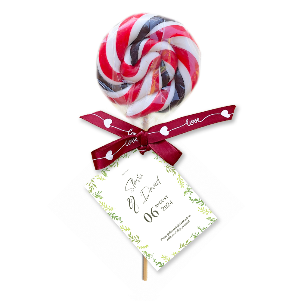 Personalizovane poklon lizalice za dekoraciju svadbe (265) Luksuzno dekorisane personalizovane lizalice, savršene kao poklon za goste na svadbi.