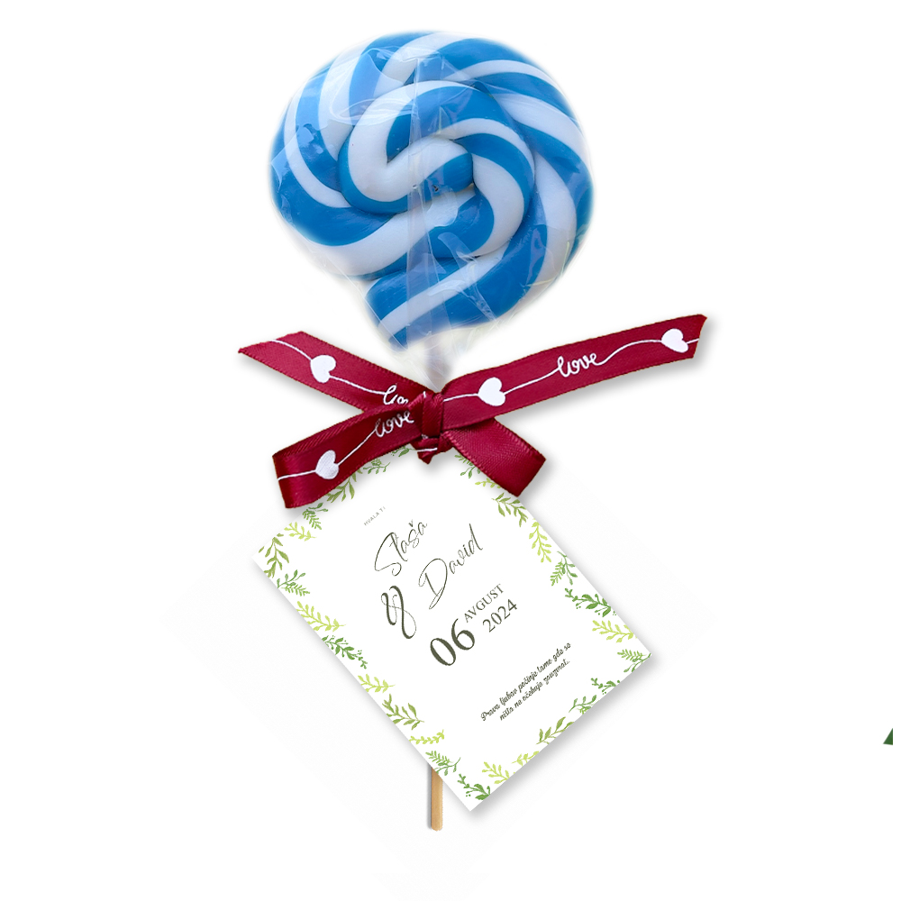 Personalizovane poklon lizalice za dekoraciju svadbe (266) Luksuzno dekorisane personalizovane lizalice, savršene kao poklon za goste na svadbi.