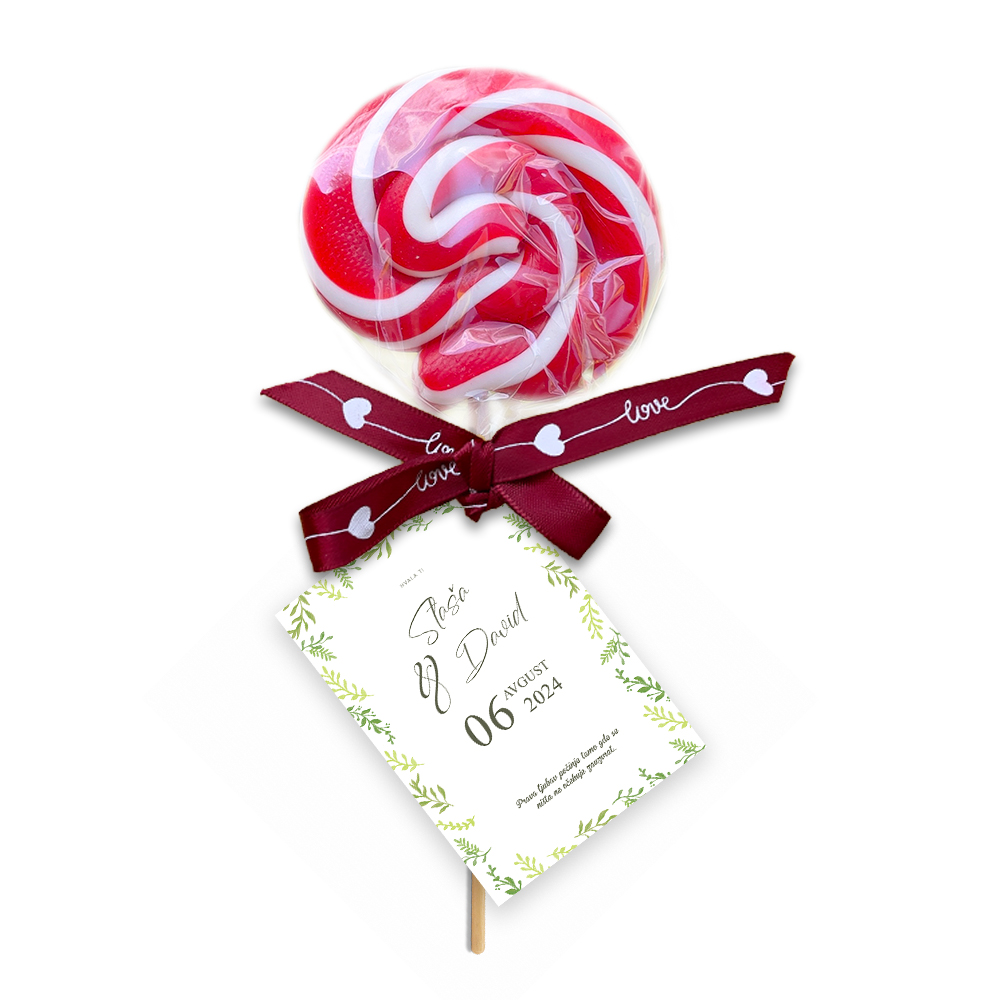 Personalizovane poklon lizalice za dekoraciju svadbe (436) Luksuzno dekorisane personalizovane lizalice, savršene kao poklon za goste na svadbi.