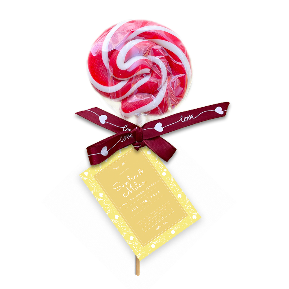 Personalizovane poklon lizalice za dekoraciju svadbe (445) Elegantno upakovane personalizovane lizalice, savršene za svadbenu dekoraciju i poklon za goste.