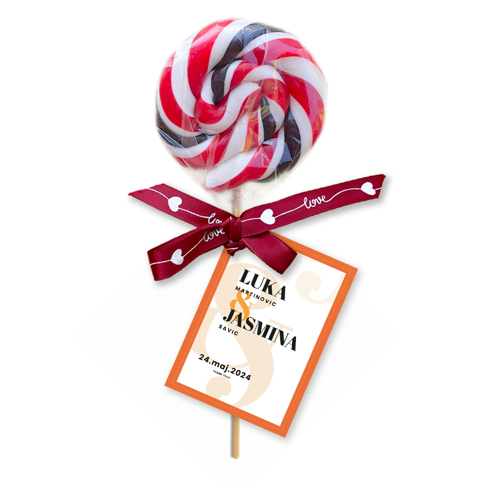 Personalizovane poklon lizalice za dekoraciju svadbe (476) Elegantno upakovane personalizovane lizalice, savršene za svadbenu dekoraciju i poklon za goste.