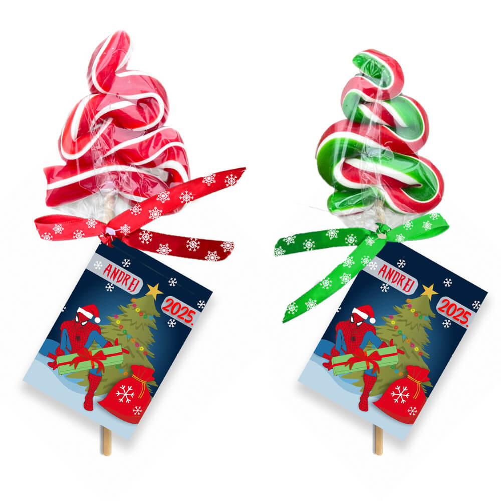 Personalizovane praznicne za novu godinu i bozic lizalice jelkice spiderman Lizalica u obliku klasičnog candy cane štapa sa crveno-belim prugama za Novu godinu.