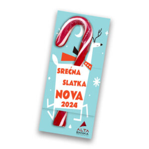 Lizalica u obliku klasičnog candy cane štapa sa crveno-belim prugama za Novu godinu.